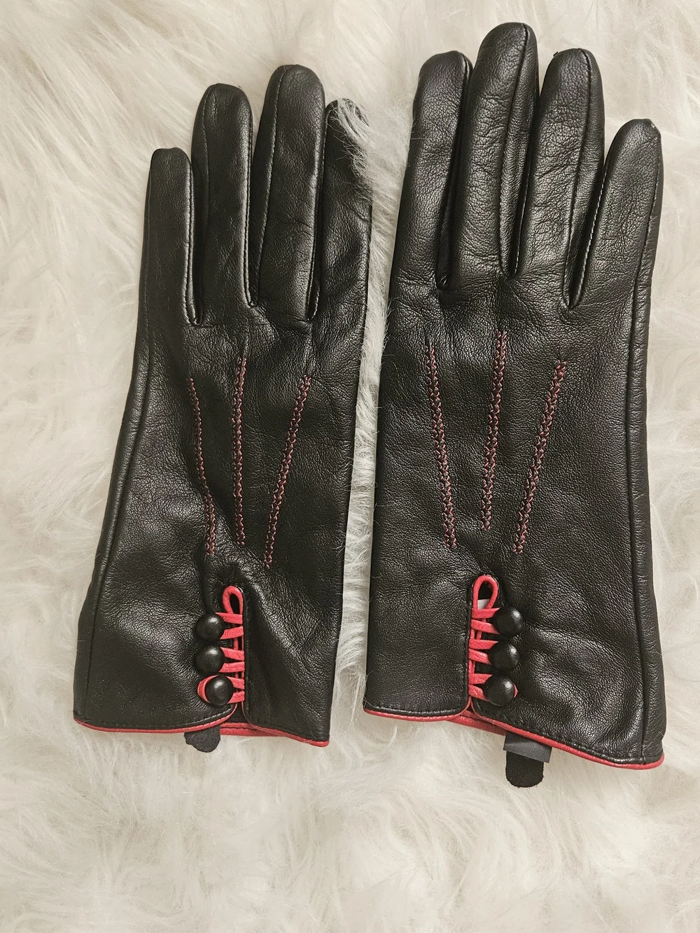 Black Leather Gloves with Red Trim, Size M